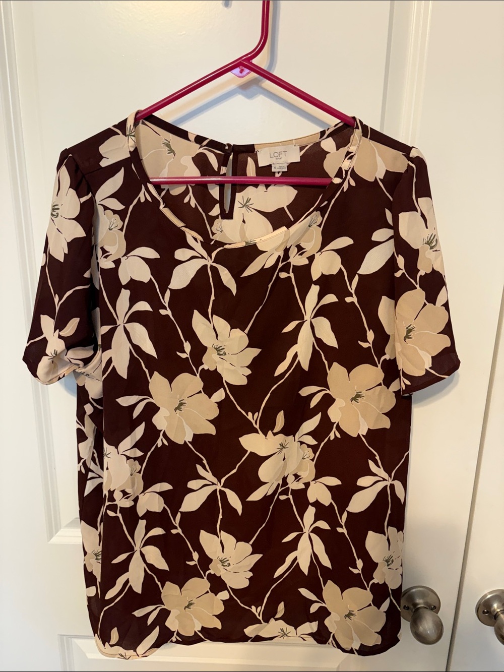 LOFT Brown and Cream Floral Short-Sleeve Blouse size XL